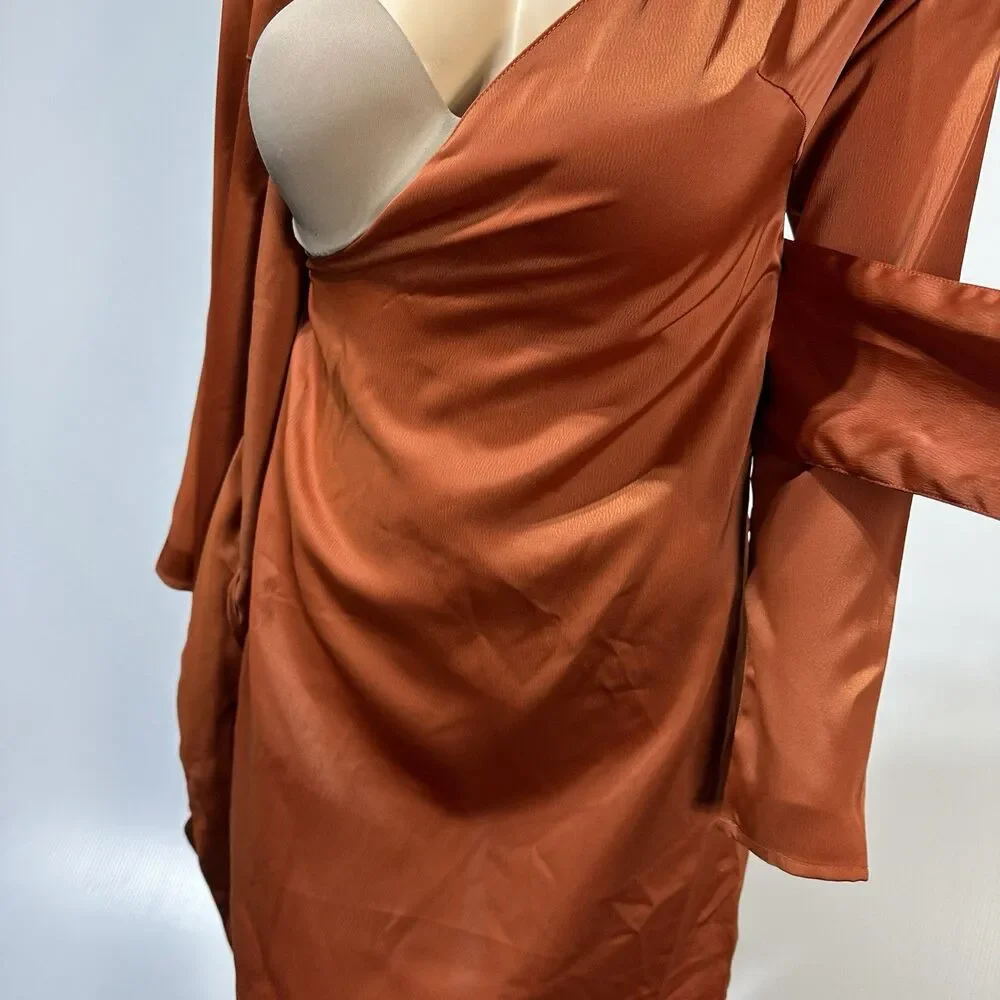 NASTY GAL Burnt Orange Faux Wrap Satin Mini  Dress Size 4 Long Sleeve NWT - Picture 6 of 12
